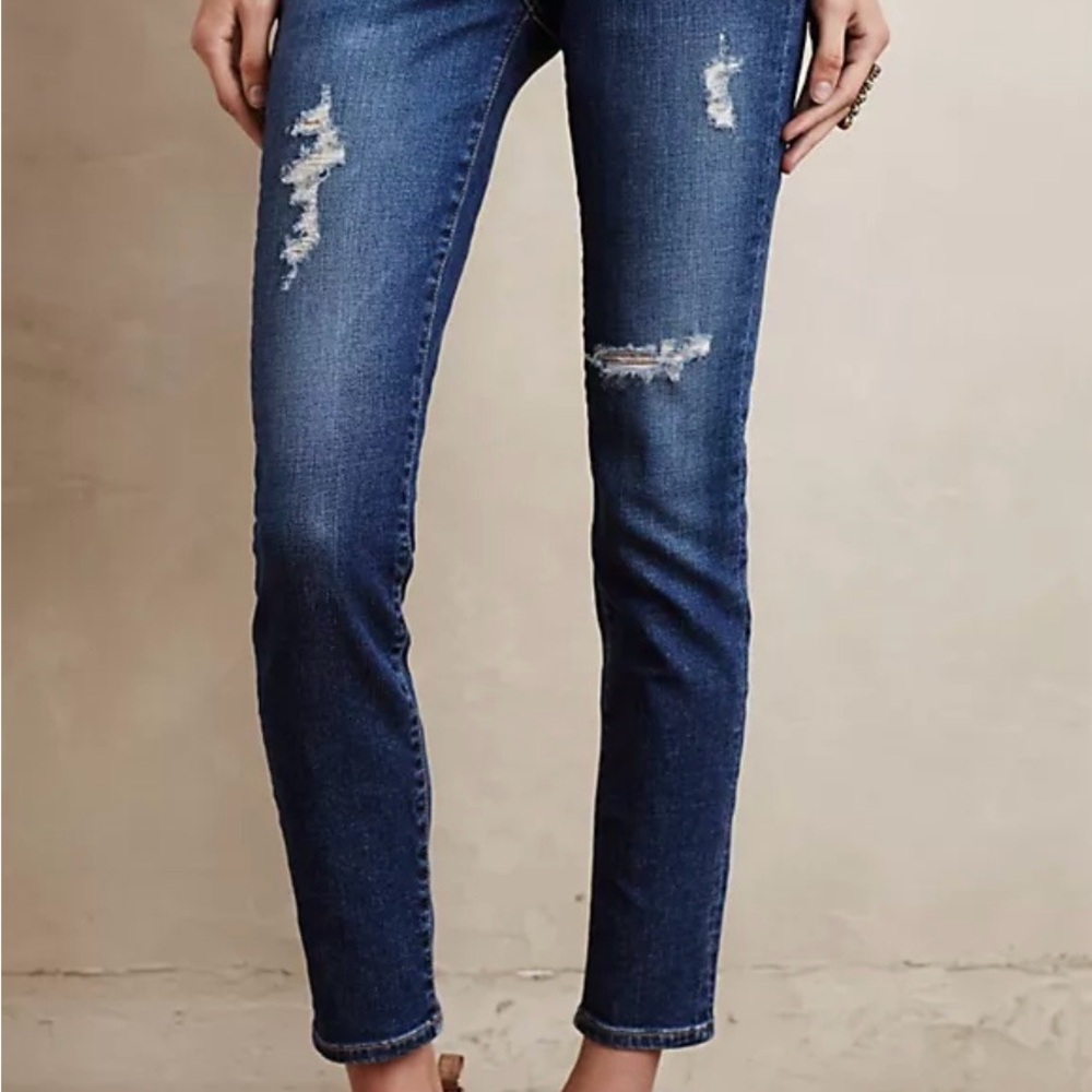 AG Stevie Ankle Slim Straight Dark Blue Distressed Jeans